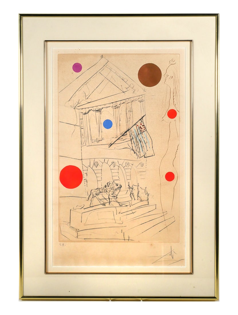 Salvador DALI Print, The Art Institute: Etching by Salvador Dali of the Art Institute from Visions of Chicago, 1975. Signed lower right and numbered E.A. lower left, image measures 19 1/2" x 12", frame measures 29" x 20". This item will nee
