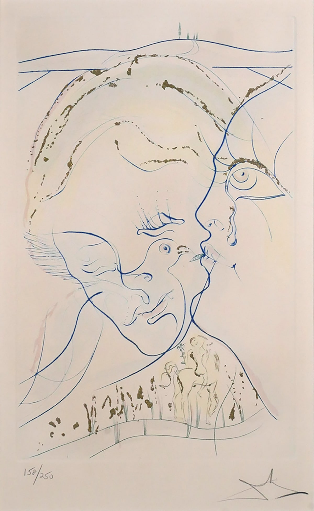 Salvador DALI Print Dove-like Eyes on the Bride: Aquatint, etching with gold ink on paper by Salvador Dali, print titled Dove Eyes (From the Song of Songs of Solomon), 1971. Signed in pencil lower right, numbered 158/250 lower left. Image 15 1/2" x 