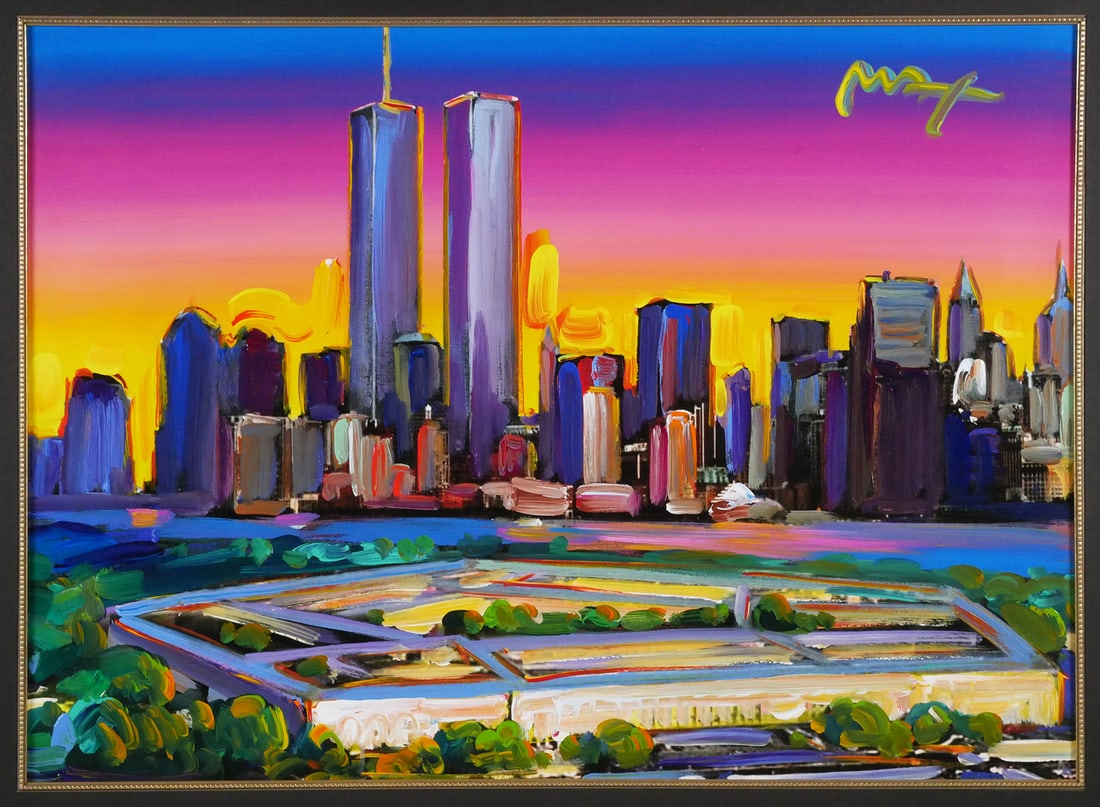 PETER MAX Mixed Media 9/11 Tenth Anniversary: Exceedingly scarce 2011 mixed media on paper by Peter Max, commemorating the 10th anniversary of Sept. 11. Depicts the NYC skyline with the Twin Towers, with the Pentagon in the foreground. Measures a