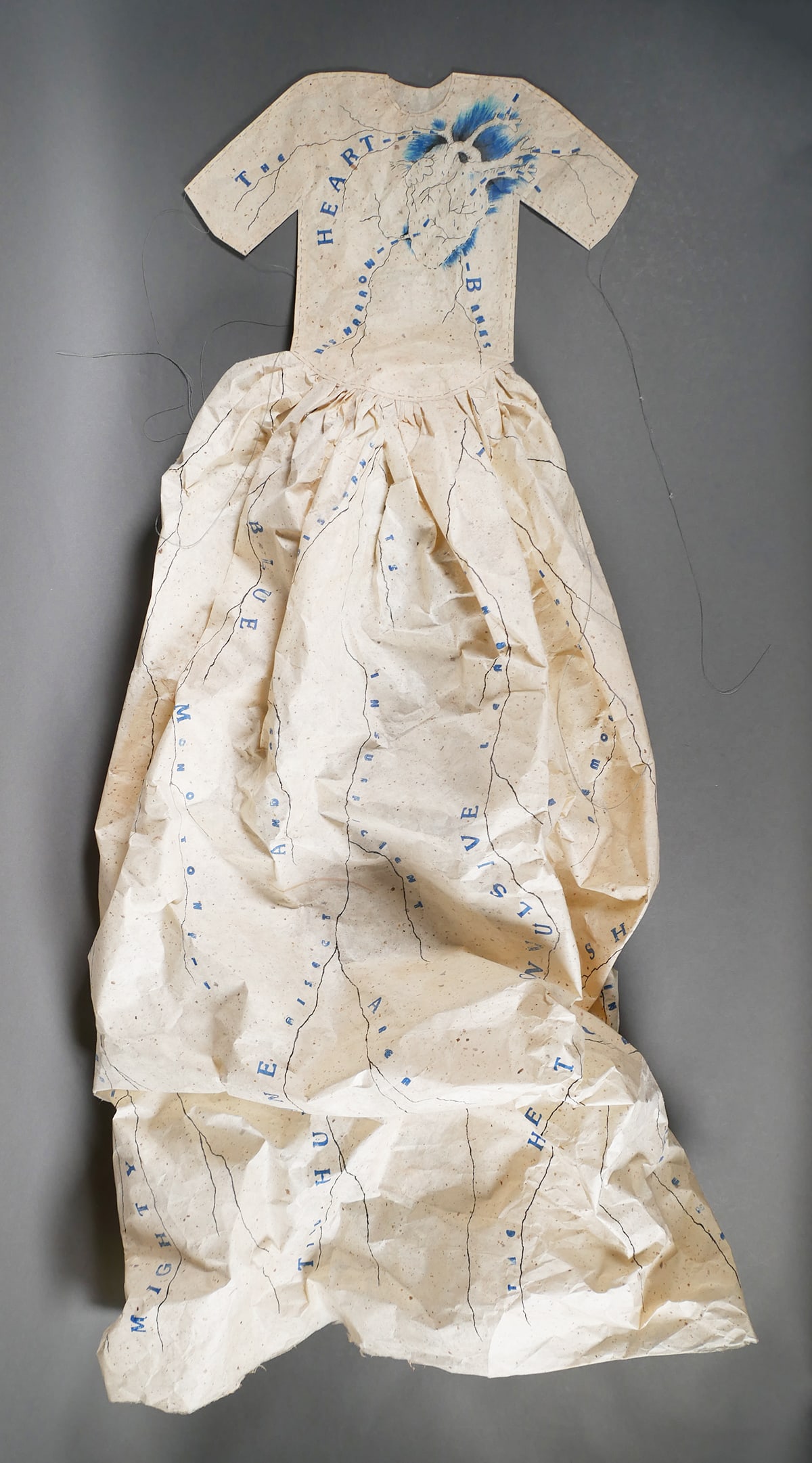 LESLEY DILL Poem Dress of Circulation: Multimedia assemblage lithographed work by artist Lesley Dill (American, b. 1950) done in collaboration with USF Graphic Studio. The work titled "Poem Dress of Circulation" is a large hand stained and