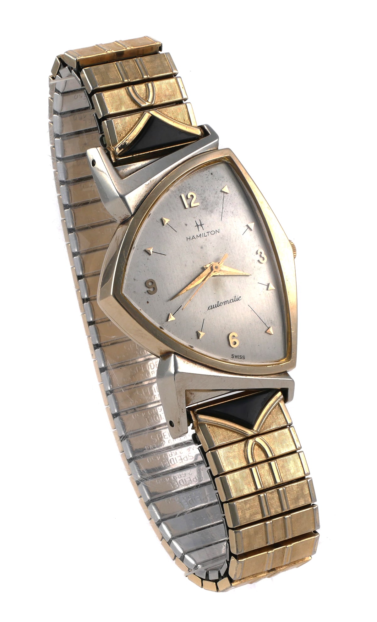 1961 HAMILTON PACERMATIC Watch: Vintage men's Hamilton Pacermatic (Pacer A) asymmetric wristwatch. Mechanical automatic 17j, Cal. 667 movement. 10K yellow gold filled case, white gold filled lugs. Dial marked Hamilton Automatic, and