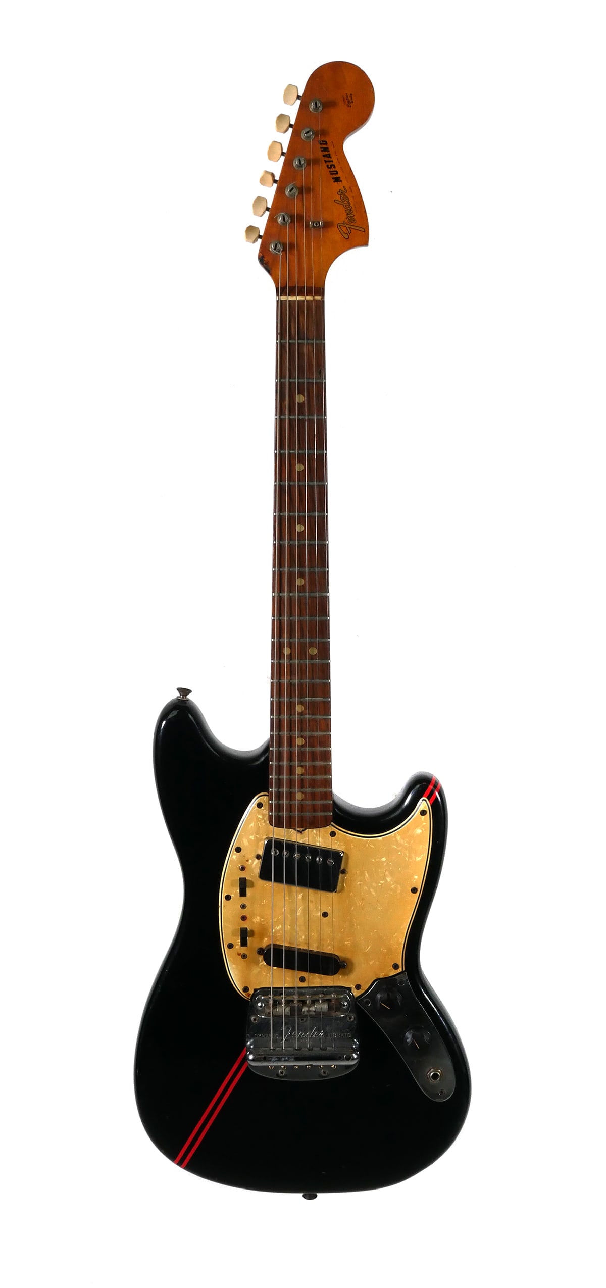 Vtg FENDER Mustang Electric Guitar: Vintage Fender Mustang, serial on plate 869937. A player's guitar. Gig bag. This item will need to be shipped by a packing company of your choice. We maintain a list of reliable shippers, or you may c