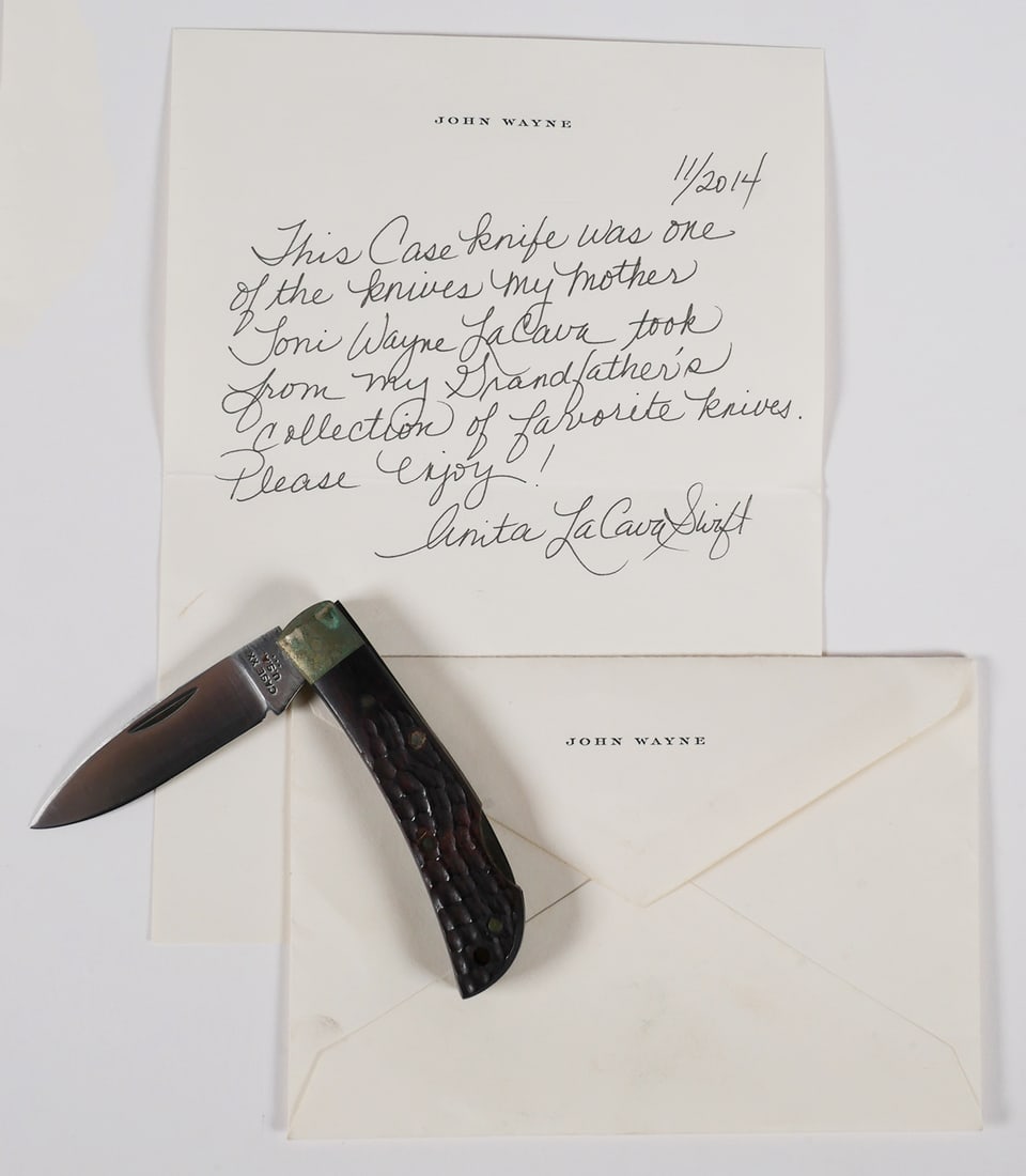 JOHN WAYNE Personally Owned Pocket Knife: 1977 Case 61051 lockback knife, with letter from John Wayne's granddaughter (Anita LaCava Swift) on his letterhead, dated 2014: "This Case knife as one of the knives my mother Toni Wayne LaCava took f
