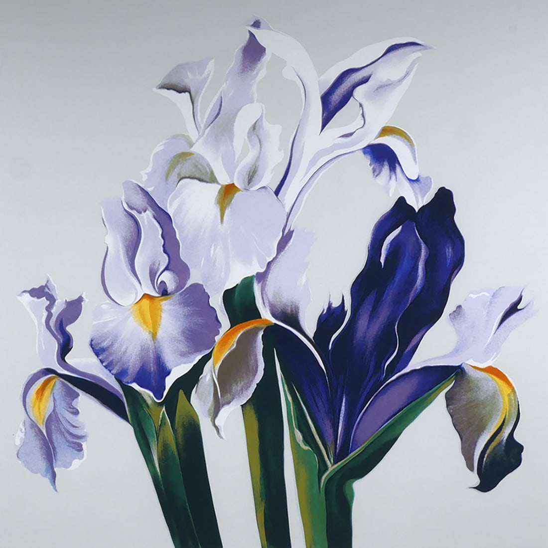 Lowell NESBITT 3 Irises Serigraph: Large screen print of three purple irises by Lowell Nesbitt (American, 1933-1993), signed in pencil lower right and dated 1980, numbered lower left 92/200, image measures 30" x 30" frame measures 39"