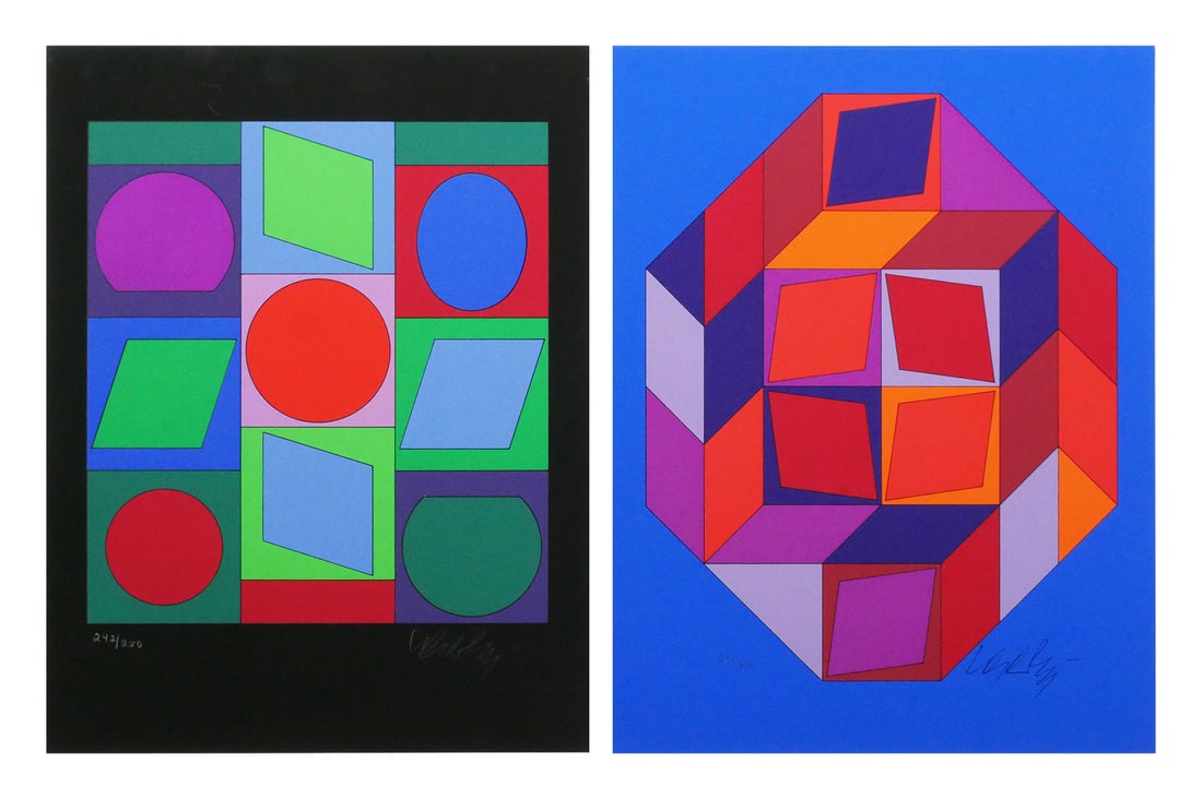 2 Victor VASARELY Abstract Serigraphs: Two silkscreen prints of abstract geometric design by Victor Vasarely (French/Hungarian, 1906-1997), one is "Untitled #7 Blue, Red and Purple" Signed lower right and numbered lower left 242/250, the o