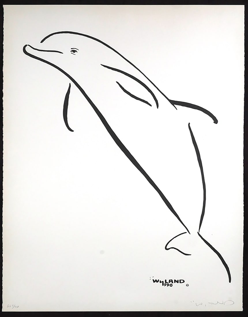 Robert WYLAND Lithograph of Dolphin: Large lithograph of a dolphin on Arches with deckled edge by Wyland, pencil signed lower right, numbered lower left 667/750. paper measures 23" x 18", frame measures 34" x 29". This item will need to