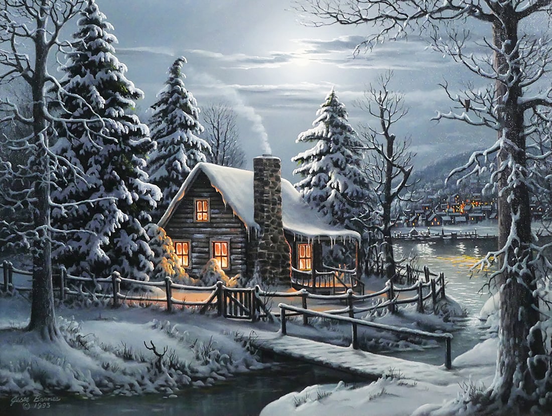 Jesse BARNES Snowy Landscape Painting: Oil on canvas painting of a snowy scene with home log home, stream and village in the background by Jesse Barnes (American/Missouri, 1936-2017). Signed lower left corner Jesse Barnes 1993, framed meas