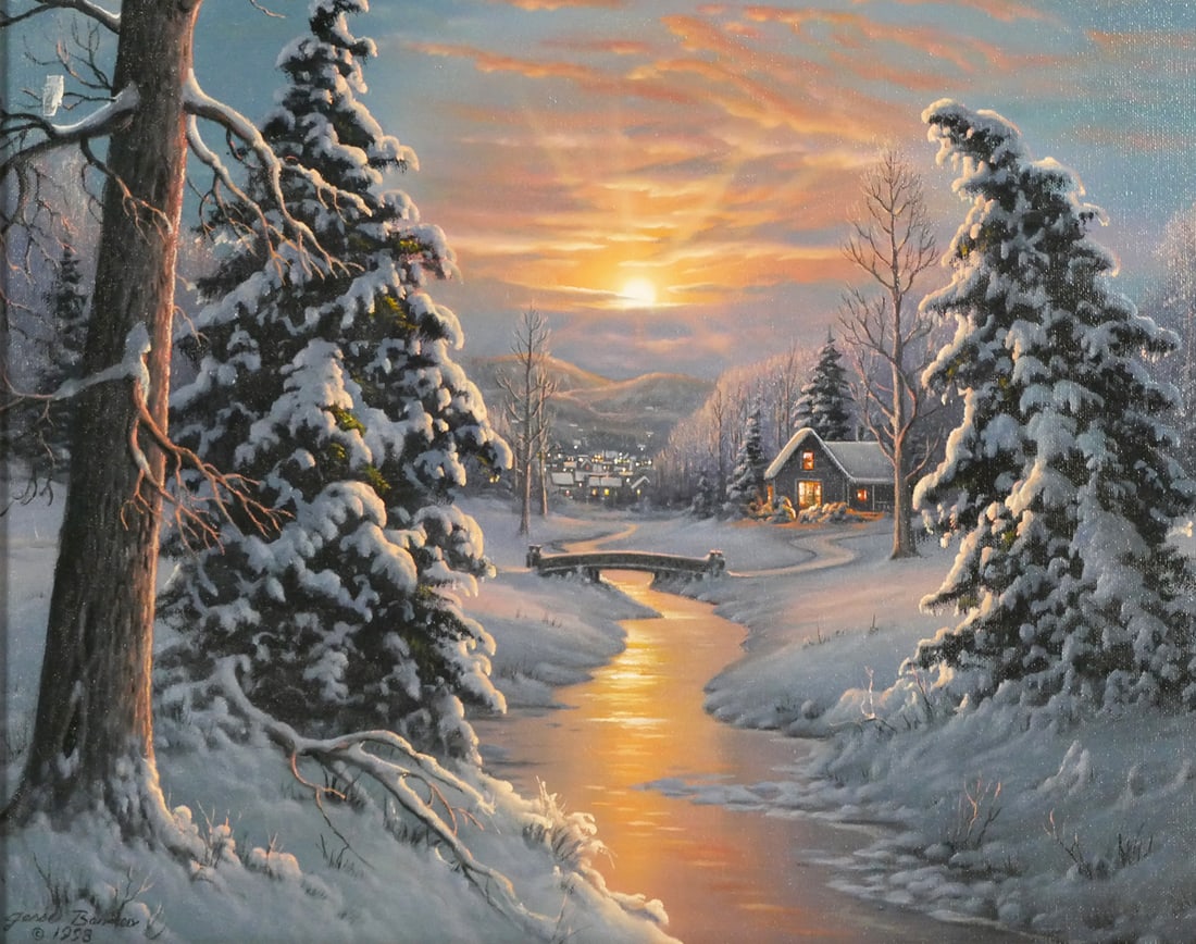 Jesse BARNES Snowy Landscape Painting: Oil on canvas painting of a snowy scene with home log home, stream and village in the background by Jesse Barnes (American/Missouri, 1936-2017). Signed lower left corner Jesse Barnes 1998, framed meas