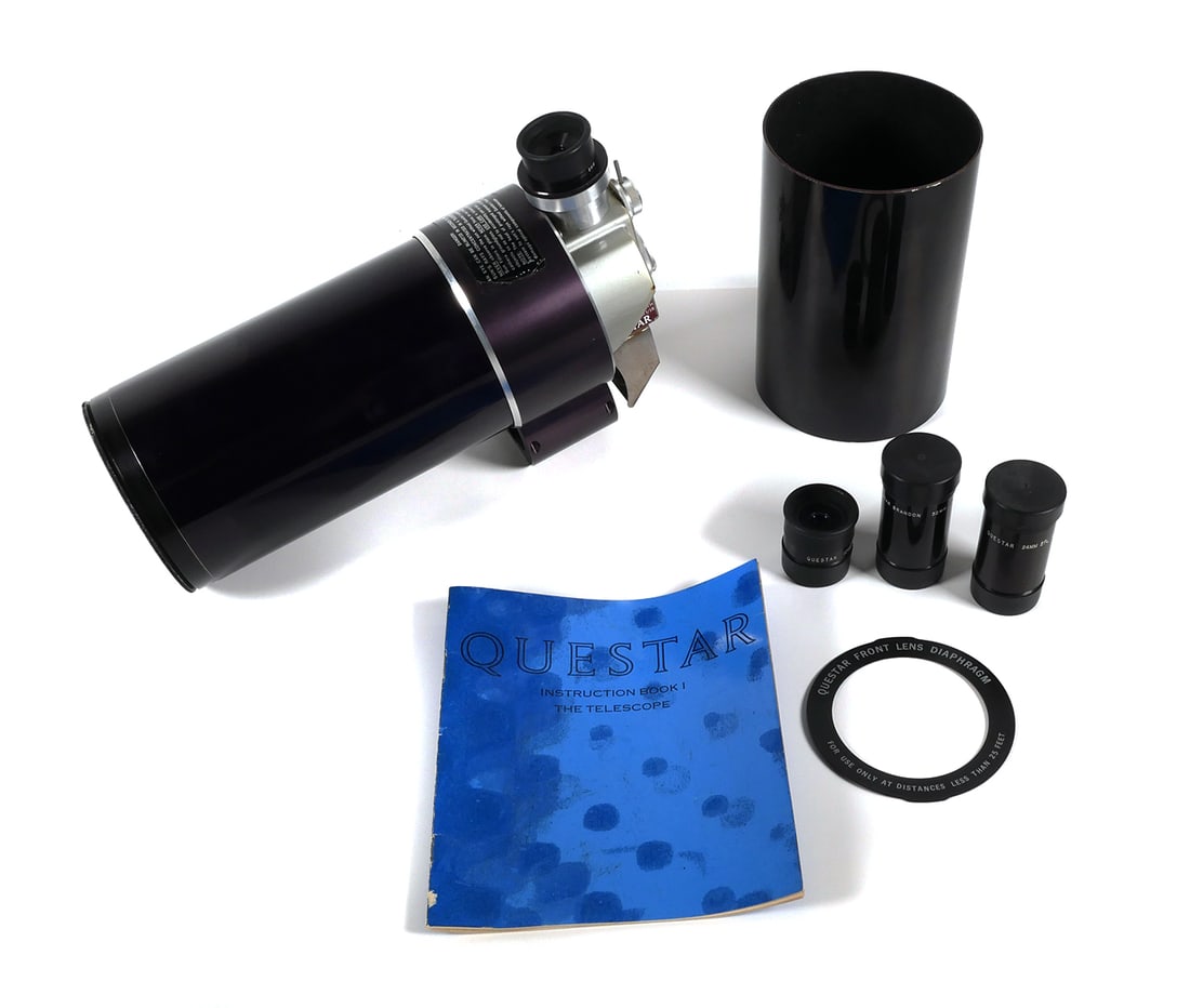 QUESTAR Telescope, Four Objectives: Vintage Questar telescope, 89mm focal length. 4" diameter. Comes with 8mm, 12mm, 24mm and 32mm objectives. This item can be shipped in-house.