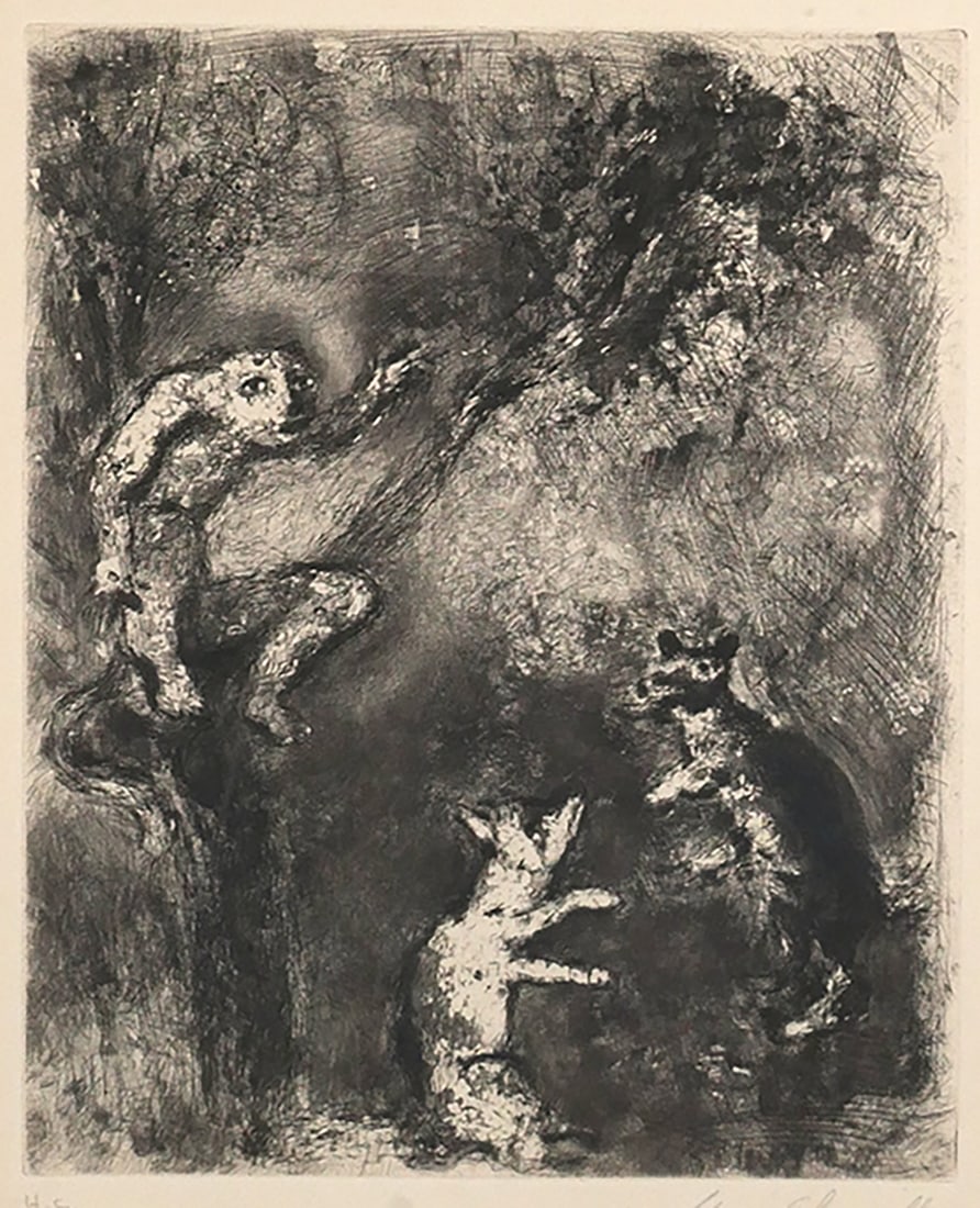 CHAGALL Etching of Wolf, Fox and Monkey: Etching by Marc Chagall, titled Wolf Pleading against the fox before the monkey from the Les Fables de la Fontaine, 1952. Signed lower right in pencil and numbered H.C., image measures 11 1/2" x 9 1/2