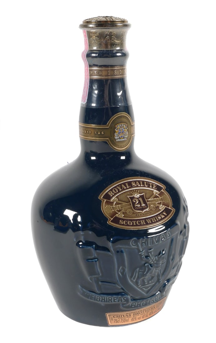 Vintage ROYAL SALUTE 21yo Scotch Bottle: Unopened vintage bottle of Chivas Royal Salute in Wade ceramic bottle in original bag and box. PLEASE NOTE: This is a collectible bottle, and contents are incidental and not intended for consumption. 