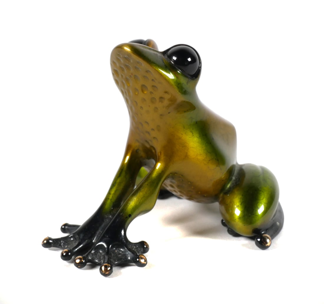 Tim Cotterill FROGMAN Bronze Frog CHARD: Bronze enameled frog figure BF152, titled Chard. Very limited edition released in 2014. Made by artist Tim Cotterill, aka Frogman. Numbered 67 of 100. Measures 3" long. Comes with COA. This item can b