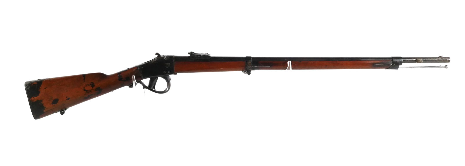 M1870 BELGIAN COMBLAIN Falling Block Rifle: Antique M1870 Belgian Comblain falling block 11mm rifle. The Comblain no 2 has the vertical sliding block. Serial #13747 on receiver. Barrel is dated 1872. Barrel measures 32-3/4", 47-1/2" overall. Th