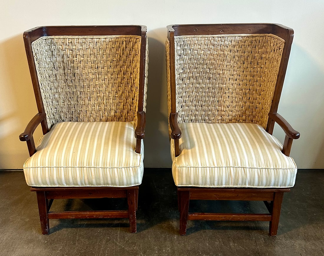 Ralph Lauren Orkney Chair Cream Stripe - Pair: Inspired by rush design from the Orkney Islands off the coast of Scotland, the Orkney Chair has a high, sheltering back. Overall Dimensions 44 1/2" H x 28" W x 29" D. This item will need to be shipped