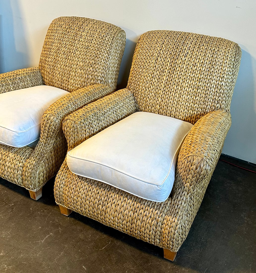 Ralph Lauren Hurley Chairs - Pair (White Cushion): Natural woven grass frame. Overall dimensions W34" x D45" x H35". This item will need to be shipped by a packing company of your choice. We maintain a list of reliable shippers, or you may choose your