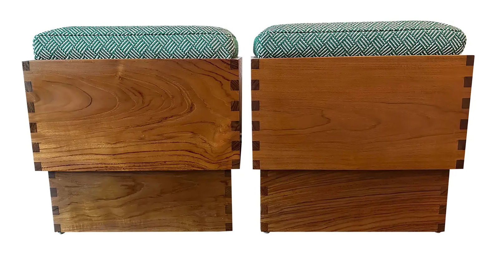 Ralph Lauren Desert Modern Cube - a Pair: Solid teak cube ottoman with exposed finger joints. The finish is Desert Teak on teak solids. The upholstery is in RL Juta Weave in the Bottle Green color way - an outdoor fabric of 100% polypropylene