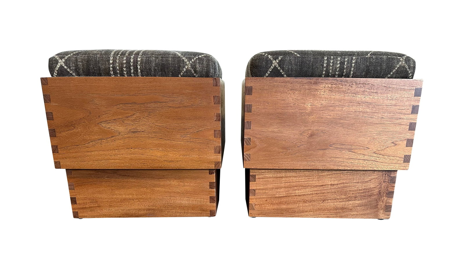 Ralph Lauren Desert Modern Cube - a Pair: Solid teak cube ottoman with exposed finger joints. The finish is Desert Teak on teak solids. Dimensions 19"W x 19"D x 19"H. This item will need to be shipped by a packing company of your choice. We m