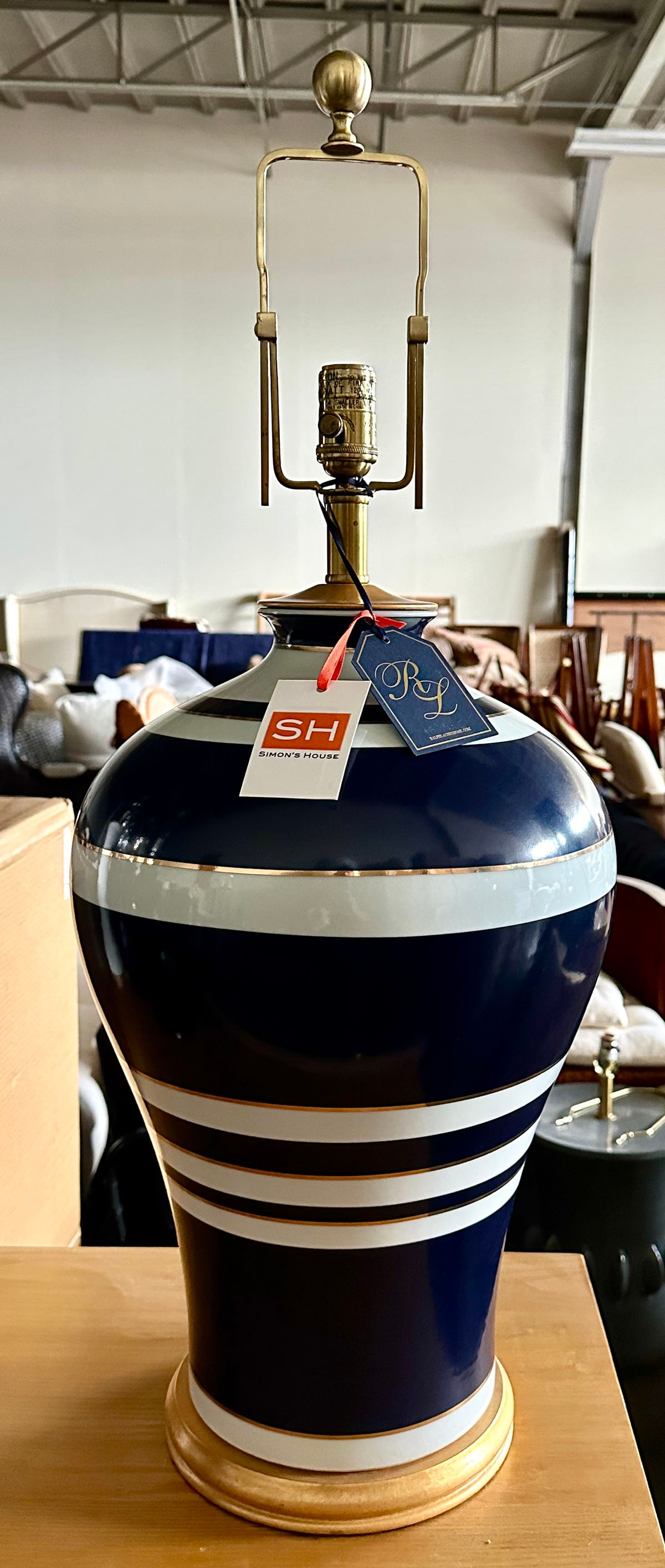 Ralph Lauren Delphine Table Lamp: This is a timeless classic ginger jar silhouette with striped glazed smooth porcelain lamp. Hand painted horizontal stripes. Original Ralph Lauren label. Overall Dimensions: 34 1/2" H x 23 1/4" D. Thi