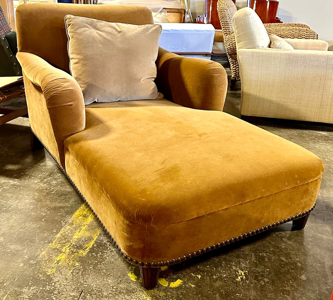 Ralph Lauren New Bohemian Chaise: Dimensions: W41" x D65" x H36", Arm height 25", Seat height 18", Sitting depth 54", Between arms 23". Materials: Casters front legs only. This item will need to be shipped by a packing company of your