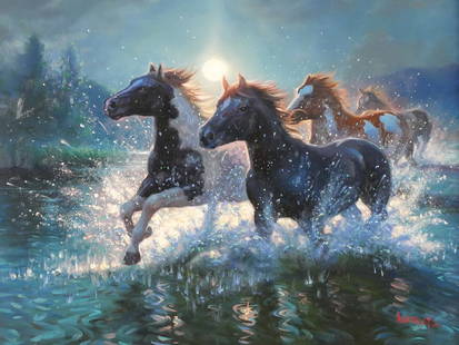 MARK KEATHLEY Horses in Moonlight Painting: Oil on canvas painting of four wild horses crashing through water on a moonlit evening. Signed lower right by Texas artist Mark Keathley (American, b. 1963). Measures 17-3/4" x 24" in 27" x 33"