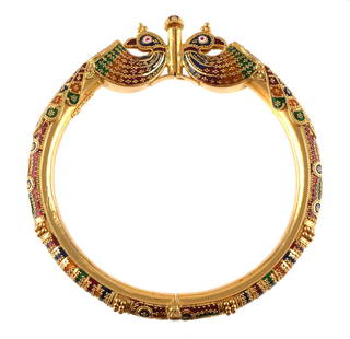 22k Gold Mughal Indian Peacock Bangle Bracelet: Showstopping vintage enameled Mughal style marked .916 (22k) bracelet with screw clasp between peacocks. Measures about 2-7/8" diameter. Weighs 35.6 grams. This item can be shipped in-house.