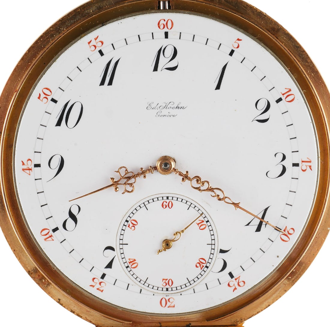 18K Gold Edward Koehn (Patek Philippe) Watch: Circa 1906, Edouard Koehn Geneve Swiss 18K yellow gold openface pocket watch. Movement # 78485. 18 jewels. 46mm case and dust cover are marked 750. Overall weight 67.7 grams. Watchmaker note: Edouard