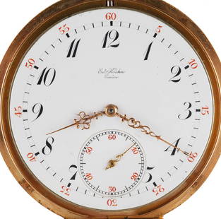 18K Gold Edward Koehn (Patek Philippe) Watch: Circa 1906, Edouard Koehn Geneve Swiss 18K yellow gold openface pocket watch. Movement # 78485. 18 jewels. 46mm case and dust cover are marked 750. Overall weight 67.7 grams. Watchmaker note: Edouard