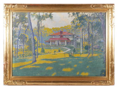 NEWCOMB MACKLIN Frame, Painting of House: Painting of a house by listed artist Herman Peterson (American, 1892-1969). Signed lower left "H. Peterson." In 27-1/2" x 37-1/2" Newcomb Macklin gilt frame. Original Newcomb Macklin label attached