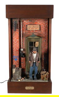 Michael GARMAN City Scape Sculpture: City scape sculpture by Michael Garman, titled "Back Door", features a figure in front of a brick building with a small sign that reads "Leroy & Bertha's Bar and Grille", there is a lighting element