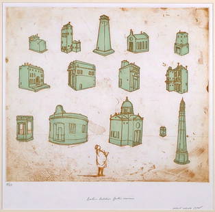 Leslie LERNER My Life in France Etching Aquatint: Line etching with aquatint by artist Leslie Lerner (B. 1959) done in 1998 in collaboration with USF Graphic Studio. The work titled "My Life in France: The Man with a Wooden Arm, The Imagined City: