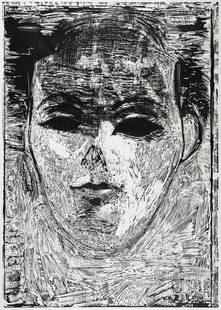 Jim DINE The Mead of Poetry #1: Large scale woodcut print by artist Jim Dine (b. 1935) in collaboration with USF Graphic Studio. print features an image of a face, work measures 59 x 41", framed 66 x 46". This item will need to be