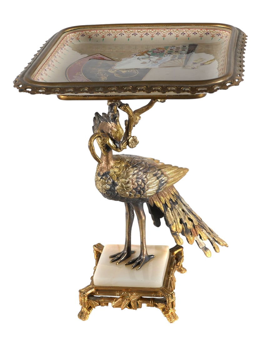 19C French Japonisme Bronze Peacock Tazza: Late 19th century French dore and patinated bronze peacock calling card tray or tazza. Attributed to Eugene Cornu for G. Viot & Cie, Paris. Onyx platform on gilt bamboo form footed base. Ceramic Japan