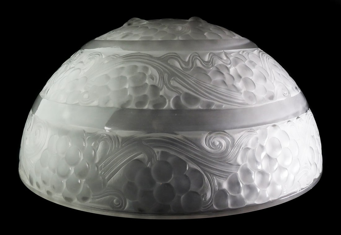 R. LALIQUE Saint Vincent Lamp Shade: Rene Lalique light fixture shade, signed R. Lalique in pattern just above the rim, made circa 1926. Unpatinated, undrilled -- designed to set on metal lamp frame -- many similar examples of R. Lalique