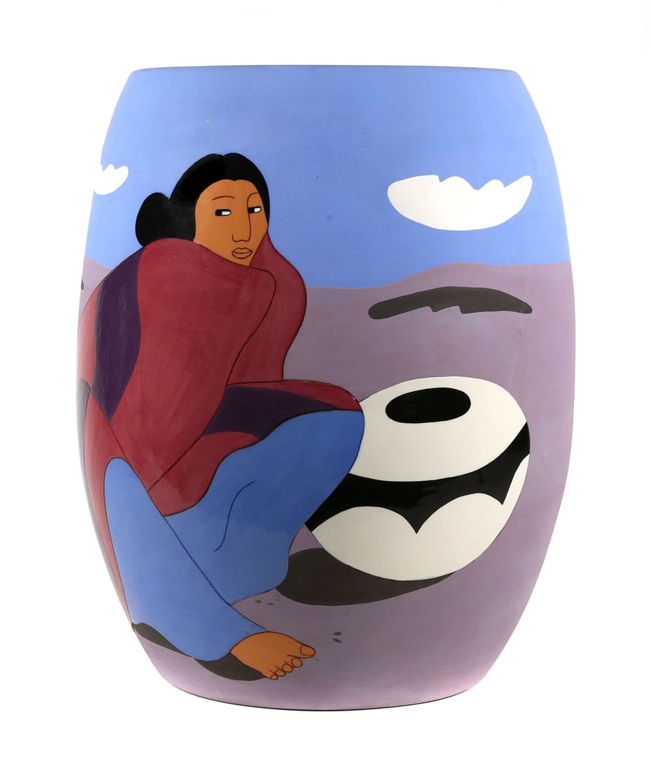 RC GORMAN Pottery Vase, Native American Woman: Large ceramic vessel by R.C. Gorman (American, 1931-2005), numbered 108/150. Titled "Patricia," the vase measures about 17" high and 13" diameter. Purchased in 1987 in a Scottsdale, Arizona, gallery f