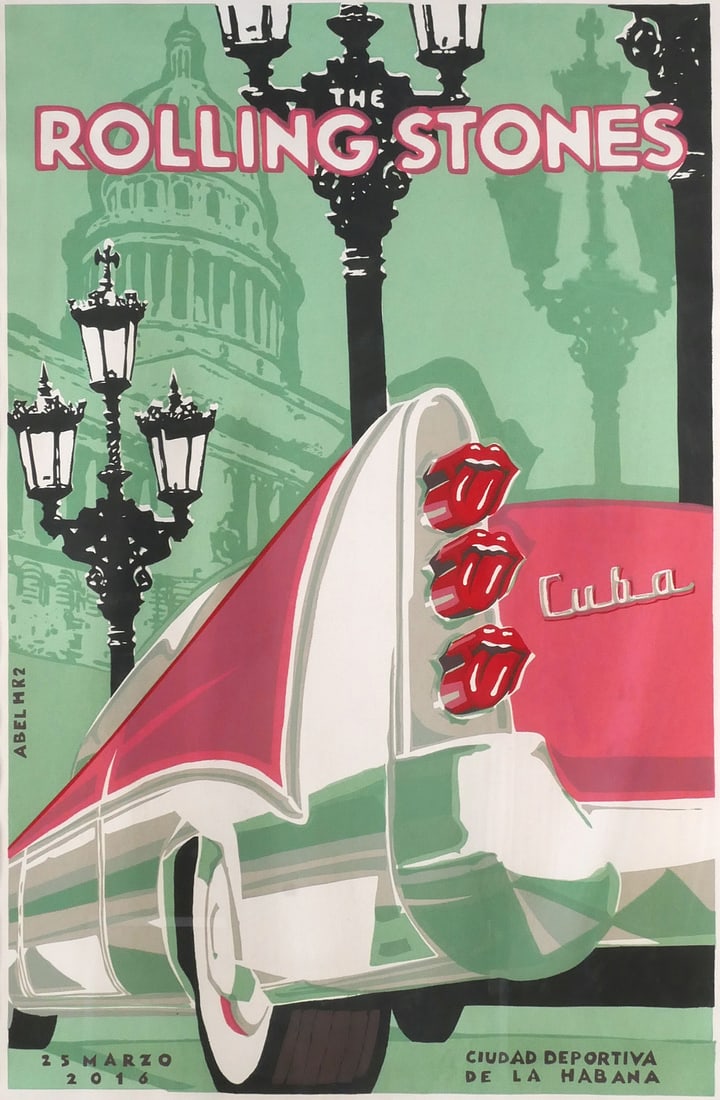 ROLLING STONES Havana Cuba Concert Poster: Scarce Rolling Stones concert poster from March 25, 2016, in Havana, Cuba. Double matted and framed to 38-3/4" x 28-3/4". This item will need to be shipped by a packing company of your choice. We main