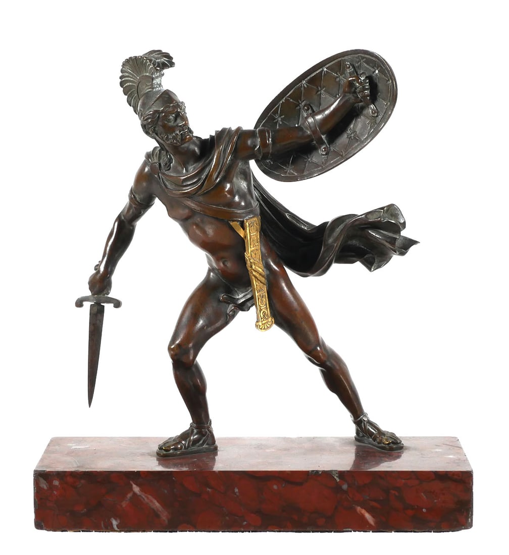 Roman Warrior Bronze aft Jacques Louis David: Antique circa 1900 parcel gilt bronze statue of Titus Tatius, adapted from "Intervention of the Sabine Women," a 1799 painting by artist Jacques-Louis David (French, 1748-1825), which depicts the endi