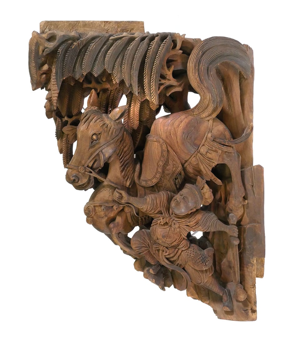 Antique Chinese Qing Carved Architectural Corbel: Qing Dynasty era carved wood, possibly sandalwood, architectural corner bracket/ corbel/ cornice, motif of a figure on a horse, measures 30 x 22 x 6". This item will need to be shipped by a packing co