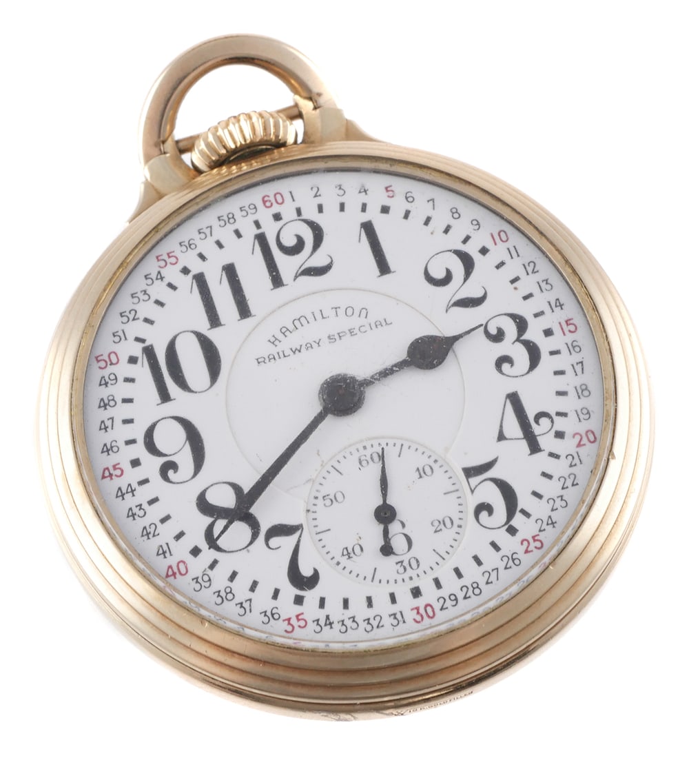 Vintage HAMILTON Railroad Pocketwatch 21j: Hamilton, circa 1941 Railway Special openface pocket watch. Movement # C14640, Grade 992B. Size 16s, 21 jewels, lever set. Porcelain Montgomery dial. Wadsworth 10K gold filled case measures approx. 51