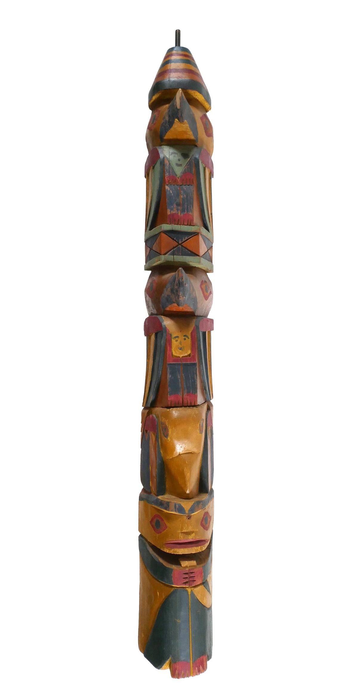 Northwest Coast Totem Pole, 41" Carved Wood: Vintage hand-carved Alaskan/First Nations totem with thunderbirds and other figures. Measures 41" to top of wood. The pole was, at some point, turned into a lamp -- drilled at the top and out the back