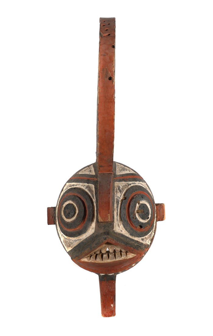 BURKINA FASO BWA MASK: Zoomorphic mask, possibly depicting a monkey, with geometric patterns. Red and white kaolin pigments. Bwa peoples, Burkina Faso or Mali . Approx. 28" x 13" x 15-1/2". This item will need to be shipped