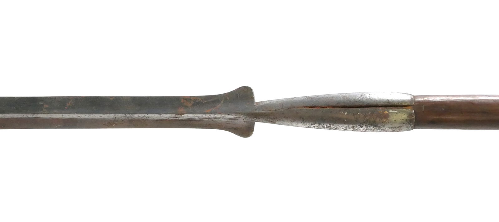 MAASAI LION SPEAR: Two Maasai lion hunting spears. Approx. overall length 77". Wood and metal hunting spear with a long finely forged double edge ribbed blade, wood shaft, and pointed metal spike base. Fagan Arms COA in