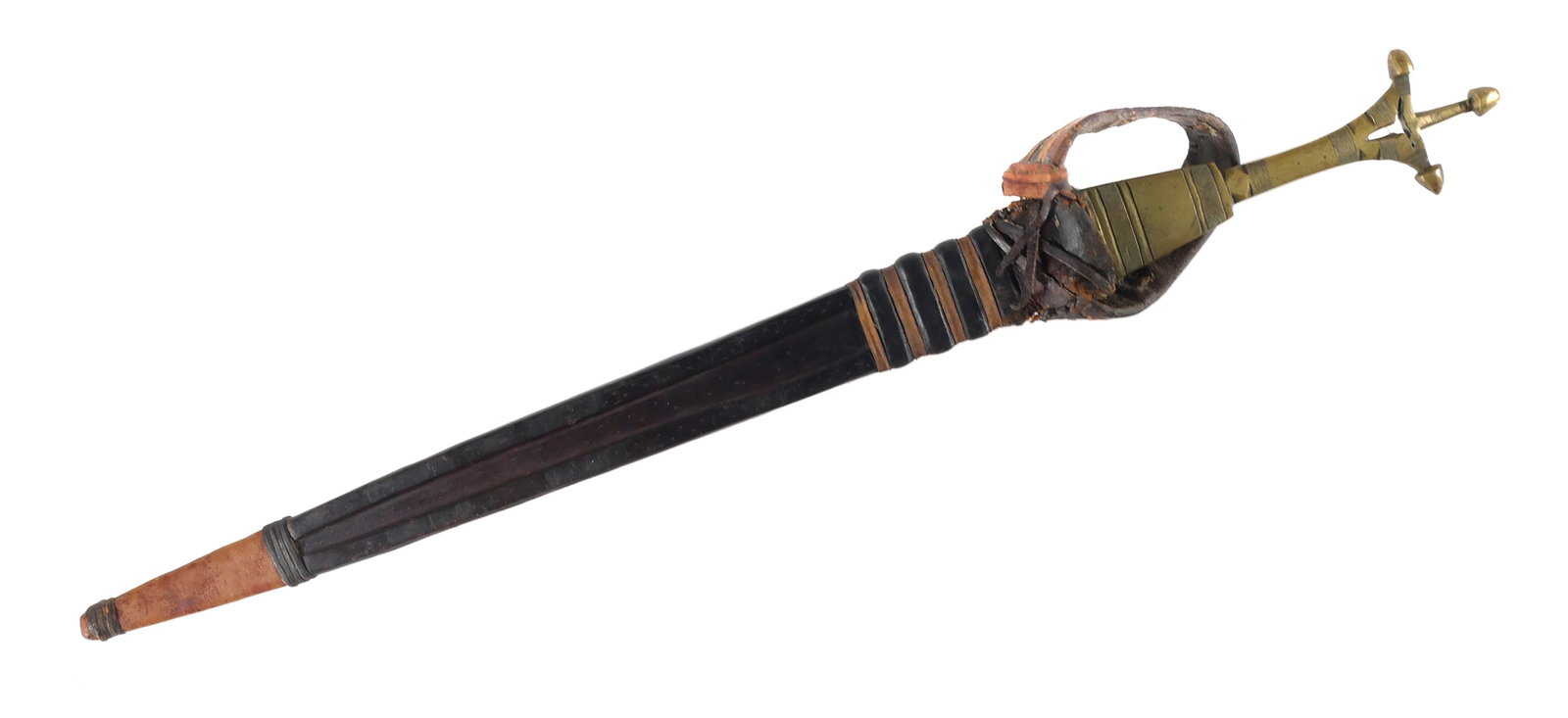 AFRICAN TAUREG TELEK ARM DAGGER: Taureg Telek C. 1880. Short sword proportions, worn within the left sleeve for quick access. Approx. 25-1/4" overall, 17-3/4" blade with triple fullers and pierced with two holes at the forte. Large b