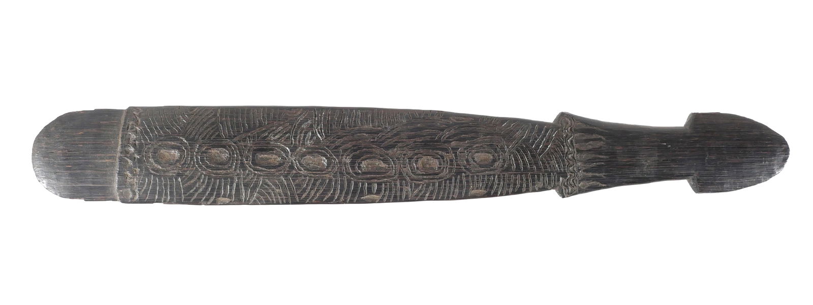 AFRICAN NEW GUINEA PALM WOOD WAR CLUB: Paddle form with stepped terminal and expansion above the grip. Front carved with stylized geometric forms and hatched segments. Approx. 23" long. Includes Fagan Arms COA. This item can be shipped in-