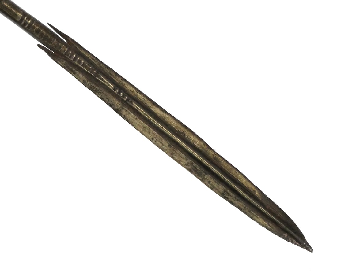 ALL METAL TAUREG SPEAR ALLRAH: Metal Taureg spear approx. 72" in overall length with a 8" raised medial elongated leaf shaped head with short base barbs. Integral iron haft with ridged expansion above flattened terminal. Head and h