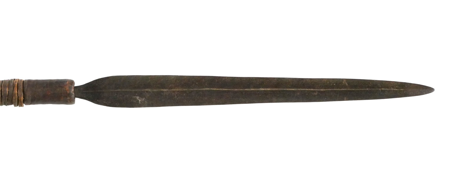HUGE EARLY ZULU THROWING ASSEGAI: Early Zulu throwing spear, circa 1850's-70's. Approx. 88-1/4" long on heavy tapered wood haft. Hide socket over hide band wrap. Elongated leaf shaped blade with pronounced medial ridge. This item will