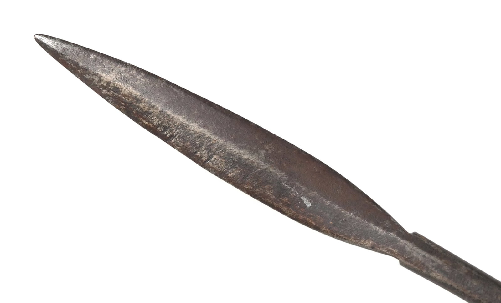 HUGE ZULU THRUSTING ASSEGAI: Zulu Wars period spear circa 1870's. Approx. 56-1/2" long with heavy expanded butt wood haft. Slender leaf shaped thrusting head on long support. Woven rattan socket. This item will need to be shipped