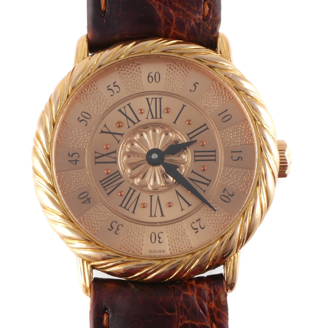 BUCCELLATI AUDACHRON 18K GOLD WATCH: 18k rose gold Gianmaria Buccellati Audachron unisex/ladies wristwatch, model 5123. Serial number 004 (believed to be from a series of 100). Crocodile strap. Case diameter 1-1/8". PLEASE NOTE: Credit c