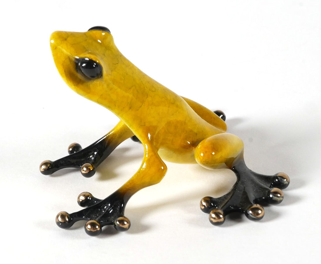 TIM COTTERILL FROGMAN BRONZE FROG: Bronze enameled frog figure BFM1, titled "Sunny". Made by artist Tim Cotterill, aka Frogman. Signed limited edition, numbered 2987 of 5000. Sculpture measures 1-1/2" tall x 2" long. Comes with COA. Th