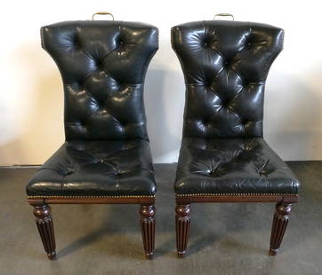 Ralph Lauren Telford Dining Chairs (Pair): RL Number: R744. Finish: Burnished Mahogany, Materials: Mahogany solids, Standard Features: Tufted seat and back, Antique brass nail trim, Solid brass handle on top of back. Dimensions: W22"x D26