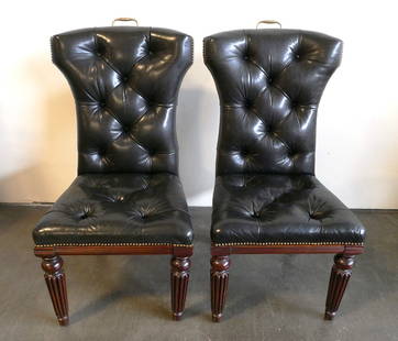 Ralph Lauren Telford Dining Chairs (Pair): RL Number: R744. Finish: Burnished Mahogany, Materials: Mahogany solids, Standard Features: Tufted seat and back, Antique brass nail trim, Solid brass handle on top of back. Dimensions: W22"x D26